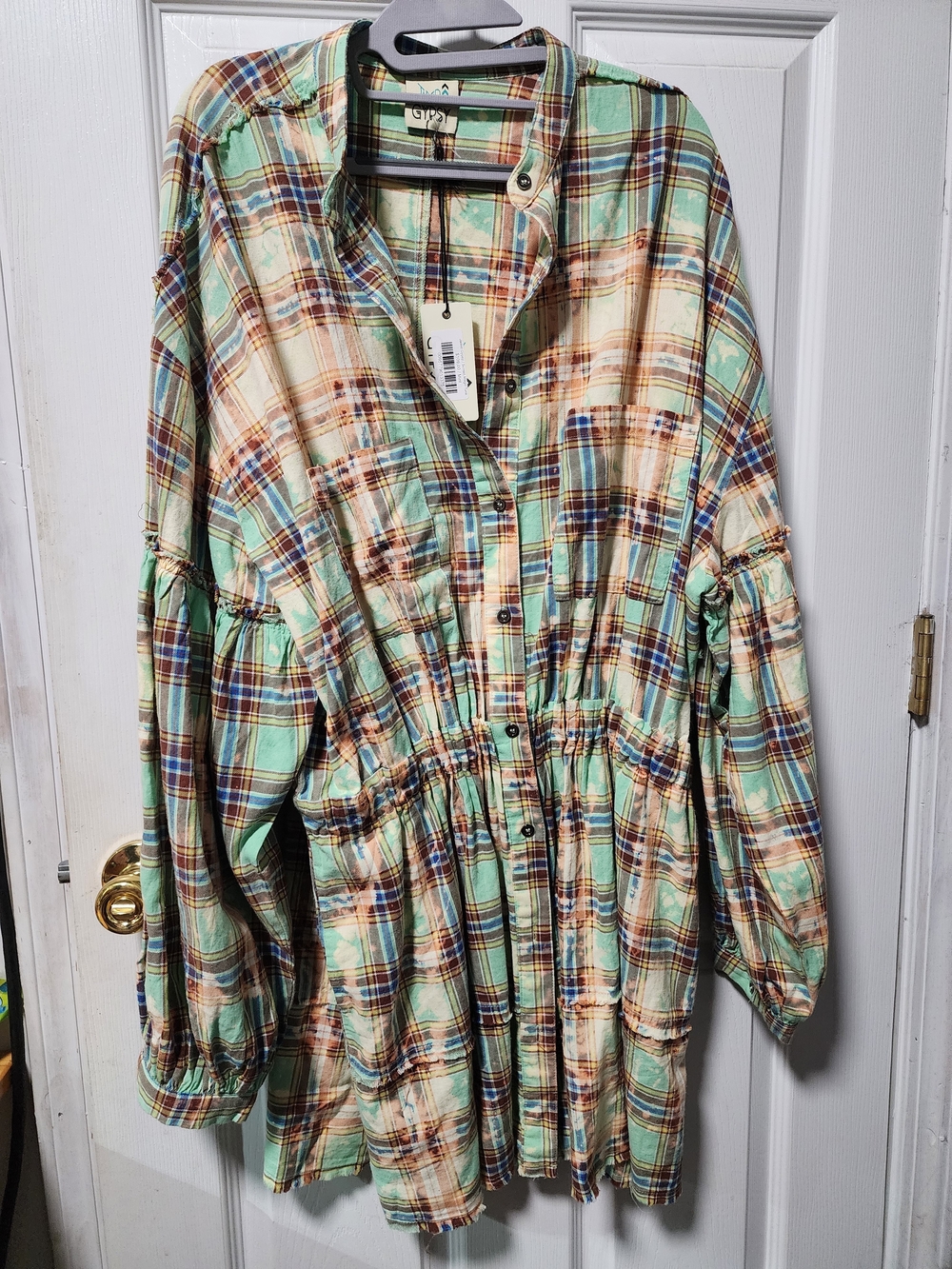 L/XL Plaid Gathered-Waist Button Down Dress in Mint Plaid NWT